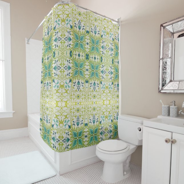 Rideaux De Douche William Morris Fleurs florales Feuillage Vert Bleu (En situation)