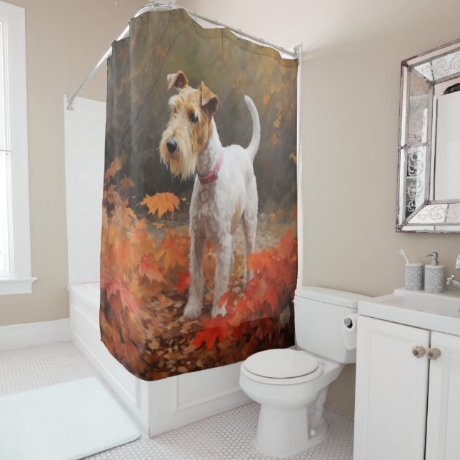 Rideaux De Douche Wirefox Terrier en automne Leaves automne Inspire (En situation)