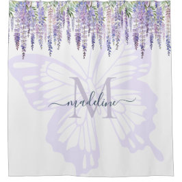 Rideaux De Douche Wisteria romantique et monogramme de papillon Nom 