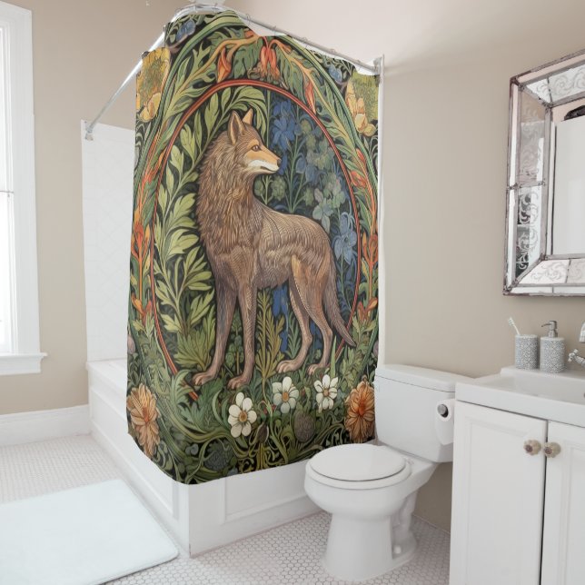 Rideaux De Douche Wolf dans la forêt Art nouveau (En situation)