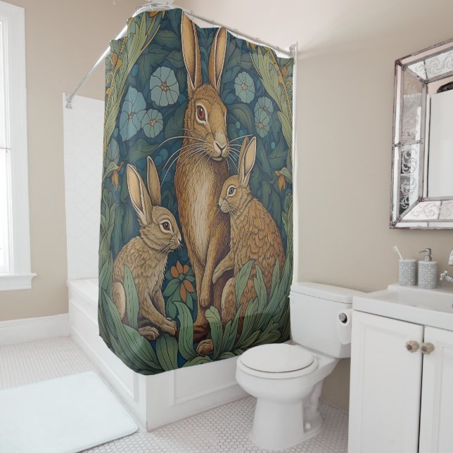 Rideaux De Douche Wonderland Whimsy : Une famille de lièvres (En situation)