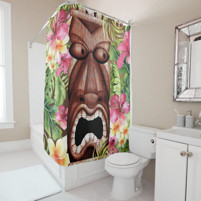 Rideaux De Douche Wooden Hawaiian Tiki Luau Summer Tropical (En situation)