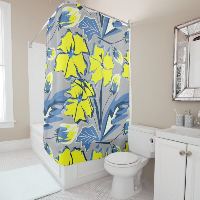 Rideaux De Douche Yellow and blue flowers with sparkles. (En situation)
