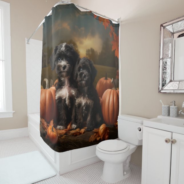 Rideaux De Douche Yorkipoo Chiot Automne Citrouille délice (En situation)