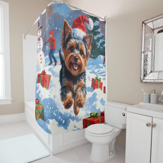 Rideaux De Douche Yorkshire Terrier en neige avec Casquette de Noël (En situation)