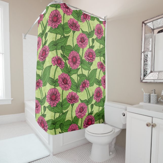 Rideaux De Douche Zinnias rose sur vert clair (En situation)