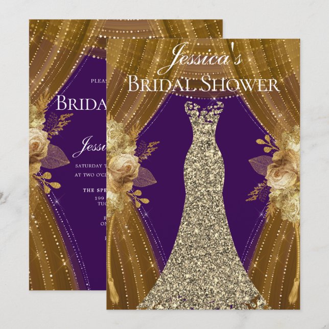 Rideaux violet et or Fête des mariées Invitation (Devant / Derrière)