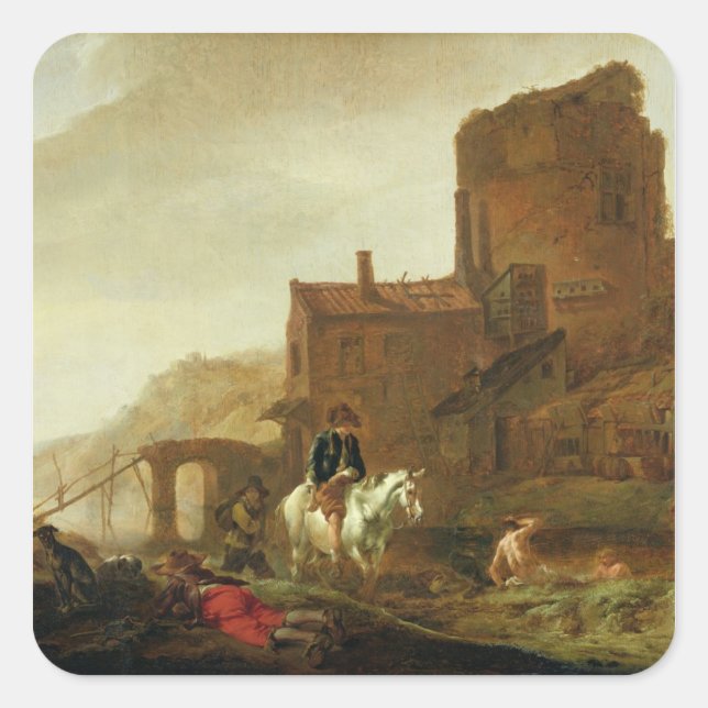 Rider und Bather Quadratischer Aufkleber (Vorderseite)