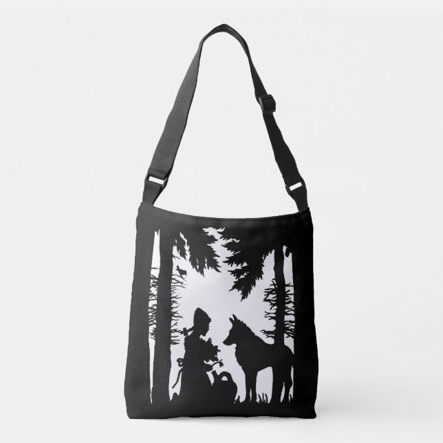Riding Hood Black Silhouette auf White Forest Wolf Tragetaschen Mit Langen Trägern (Vorderseite)