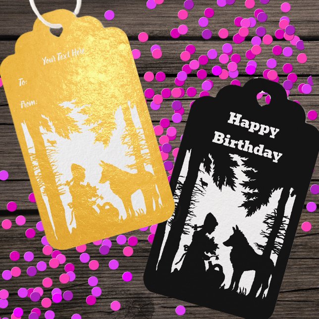 Riding Hood Wolf Trees Geburtstag Geschenkanhänger (Gold foil Little Red Riding Hood in forest with wolf on Birthday hanging gift tags.)