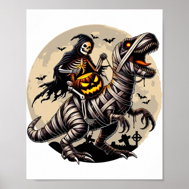 Riding Mummy Dinosaur T Rex Pumpkin Funny Hallowee Poster (Vorne)