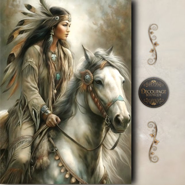 Riding Native Woman & White Horse Decoupage Seidenpapier (Riding Native Woman & White Horse Decoupage Tissue Paper)