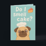 Rieche ich Kuchen? Funny Mops Birthday Karte<br><div class="desc">Diese bezaubernde "Rieche ich Kuchen?"-Grußkarte enthält einen niedlichen Mops im Hut eines Koch, der eifrig eine Scheibe Kuchen ausschnüffelt. Ideal für Hundeliebhaber und alle, die gerne zum Geburtstag lachen! Das spielerische Design und die hellen Pastellfarben machen es zu einem idealen Ort für Kinder, Freunde oder alle, die einen lustigen, hellen...</div>