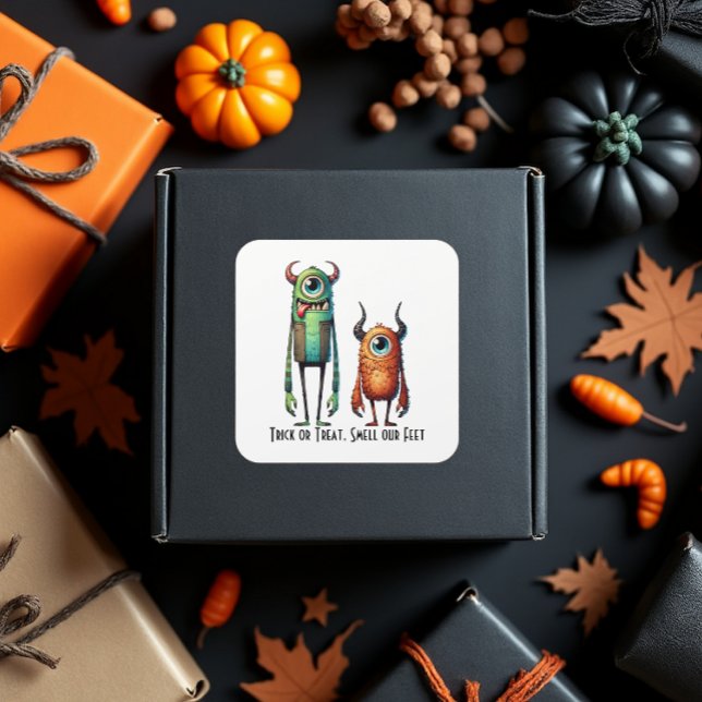 Riechen Sie unsere Monster-Buddies nach Maß Quadratischer Aufkleber (Send your baked goods home in style.)