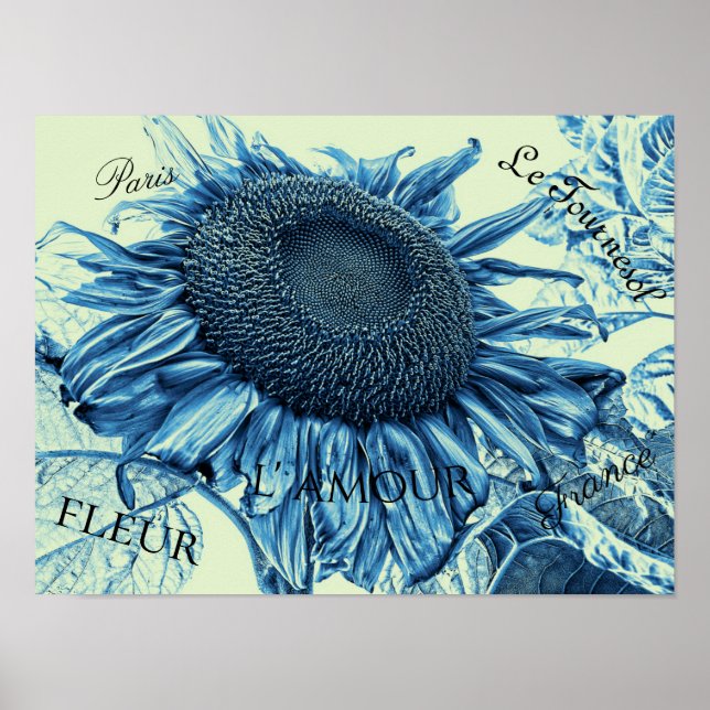Riesenblumen Vintag Art Blue Green Script Poster (Vorne)