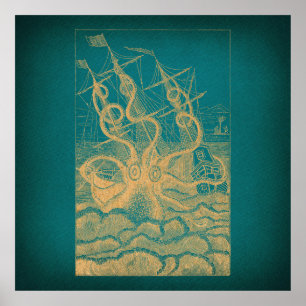 Riesenkrake Angriff Schiff Aquamarin antike Kraken Poster