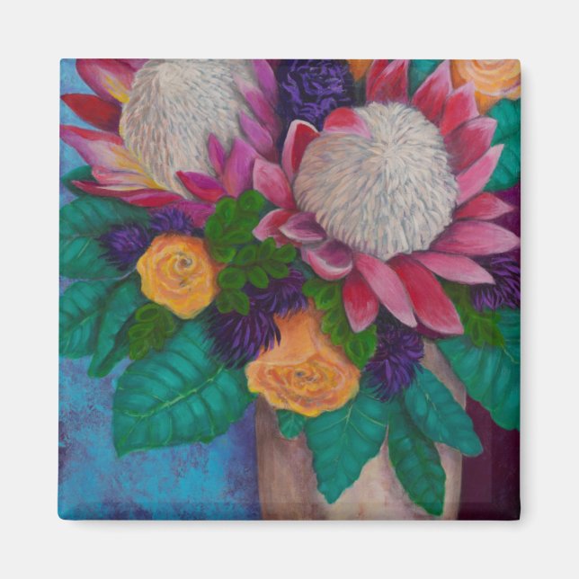 Riesenproteas und orangefarbene Rose Magnet (Vorne)