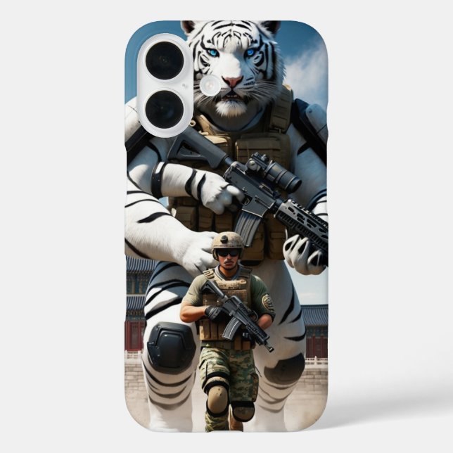 Riesenspezialist humanoid-weißer Tiger iPhone 16 Hülle (Rückseite)