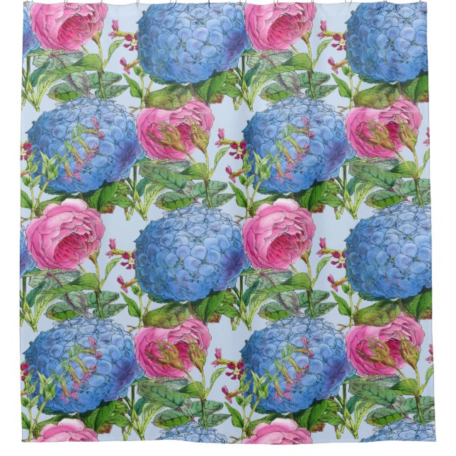 Riesige blaue Hydrangeas und Rosen-Muster Duschvorhang (Vorderseite)