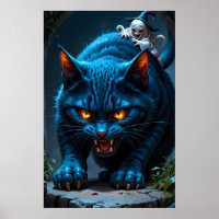 Riesige blaue Katze mit einer bösen Hexe in einem