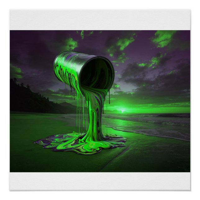 Riesige Farbdose schüttet Farbe auf Sunset Beach Poster (Vorderseite)