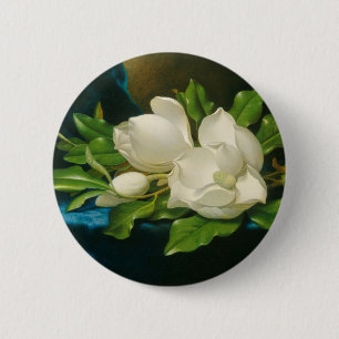 Riesige Magnolien auf einem blauen Samt-Stoff, Button