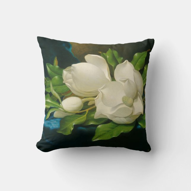 Riesige Magnolien auf einem blauen Samt-Stoff, Kissen (Vorderseite)