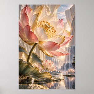 Riesige rosa Lotusblüte in Wasserfall-Sanctuary-Wa Poster