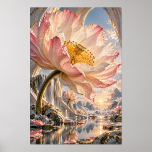 Riesige rosa Lotusblüte über dem Wasserfalltal Fan Poster