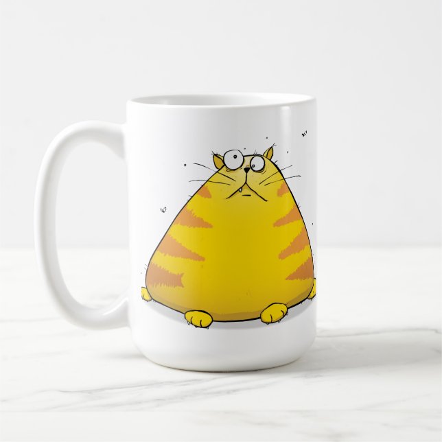 Riesiger Cartoon der Fettkatzenmatte auf dem große Kaffeetasse (Links)
