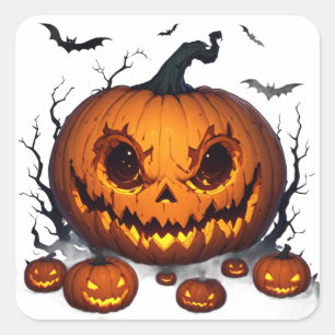 Riesiger Halloween-Kürbis mit leuchtenden Augen 👻 Quadratischer Aufkleber
