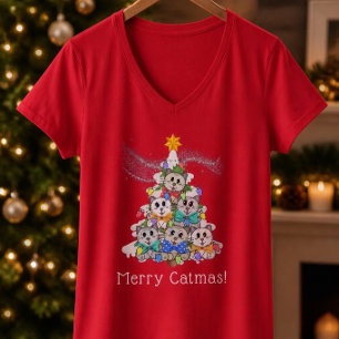 Riesiger Merry Catmas! Rotes V-Ausschnitt T-Shirt