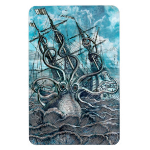 Riesiger Oktopus Blaues Seeungeheuer Segelboot Magnet