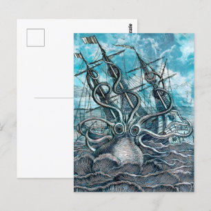Riesiger Oktopus Blaues Seeungeheuer Segelboot Postkarte