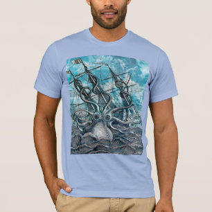Riesiger Oktopus Blaues Seeungeheuer Segelboot T-Shirt