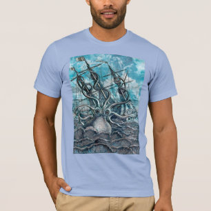 Riesiger Oktopus Blaues Seeungeheuer Segelboot T-Shirt