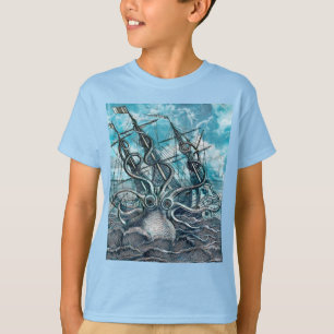 Riesiger Oktopus Blaues Seeungeheuer Segelboot T-Shirt