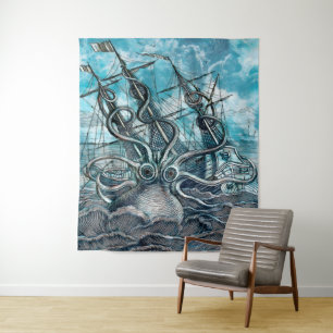 Riesiger Oktopus Blaues Seeungeheuer Segelboot Wandteppich
