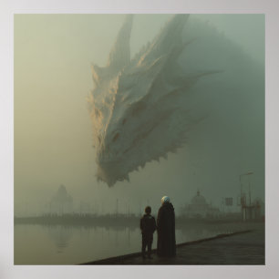 Riesiger weißer Drache über dem nebligen Pier der  Poster