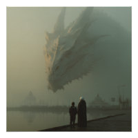 Riesiger weißer Drache über dem nebligen Pier der