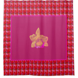 Riesiges Gelb und Magenta Orchid auf Rot Duschvorhang