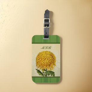 Riesiges Gold Chrysanthemum mit grünem Damask Mono Gepäckanhänger