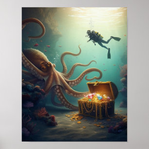 Riesiges Meereswesen bewacht Schatz Poster