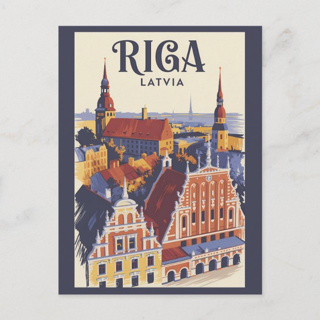 Riga Latvia Illustration Travel Art Vintage Postkarte (Vorderseite)