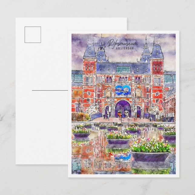 Rijksmuseum Amsterdam Vintage Reise Aquarell Postkarte (Vorne/Hinten)