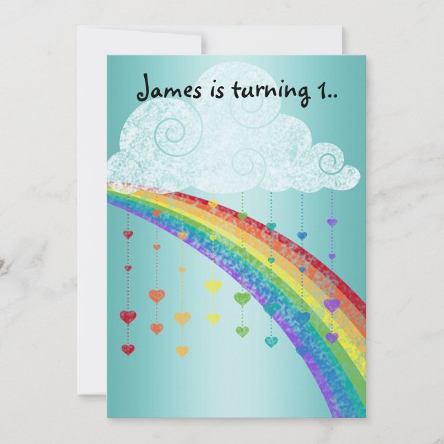 RINBOWS UND HERZSCHUTZ BLAUER KINDER PARTY EINLADUNG (Vorderseite)