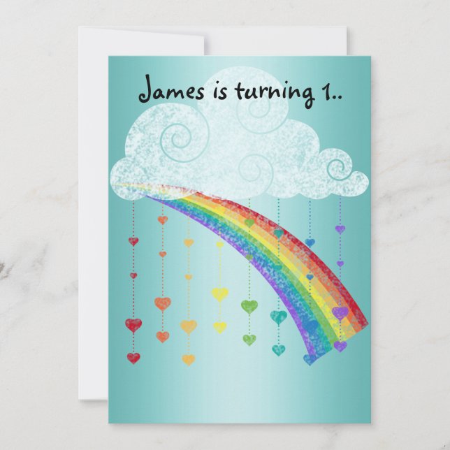 RINBOWS UND HERZSCHUTZ BLAUER KINDER PARTY EINLADUNG (Vorderseite)