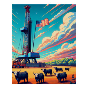 Rinder und Flaggen im Erdgas-Bohrturm Poster