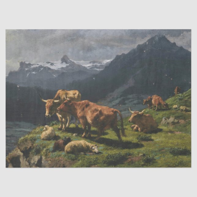 Rinder und Schafe in einer alpinen Landschaft Seidenpapier (Vorderseite)