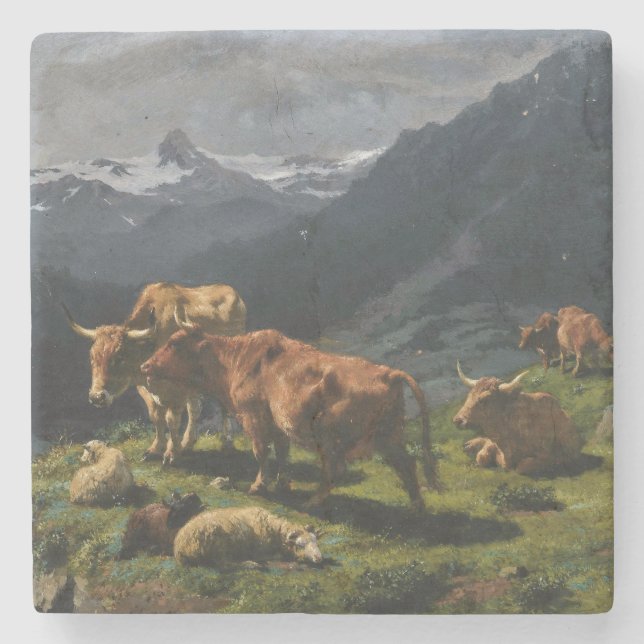 Rinder und Schafe in einer alpinen Landschaft Steinuntersetzer (Vorderseite)